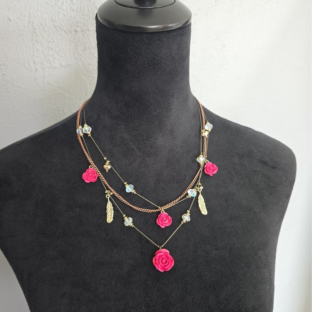 Betsey Johnson Triple Chain Charm Necklace Whimsy Roses Feathers